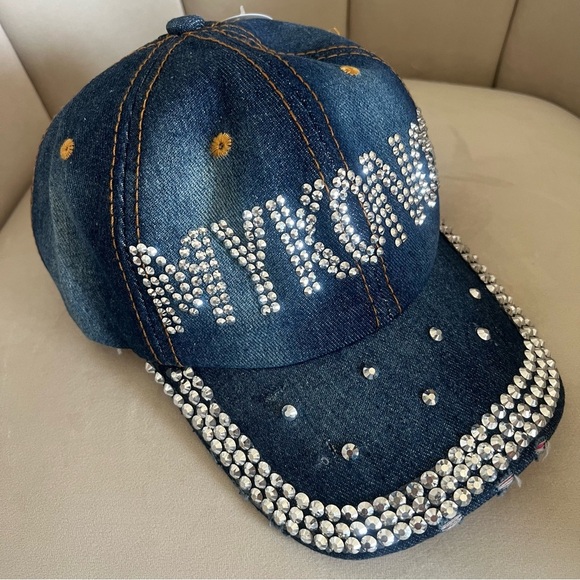 NWT Mykonos Rhinestone Embellished Blue Denim Baseball Hat Cap Adjustable Back - Picture 9 of 11
